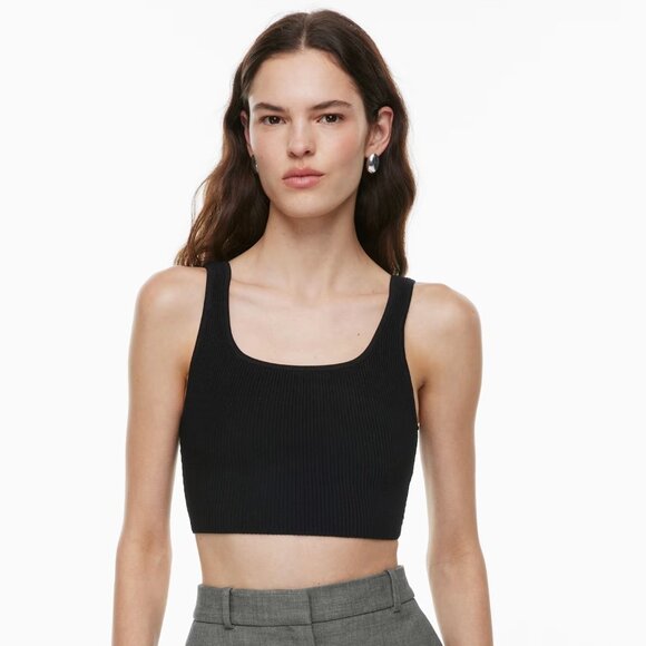 Aritzia Babaton Square Neck Sculpt Knit Ribbed Cropped Tank Top Black Small - Picture 1 of 7